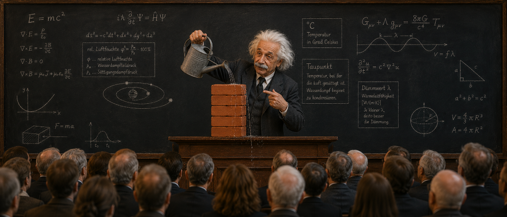 Ursachen & Bautechnik: Wissenschaftliche Erklärung von Wärmebrücken, Taupunkt und baulichen Schimmelursachen – Expertenwissen von Schimmelprotektor Bauphysik-Vorlesung zu Schimmelursachen in Gebäuden: Dozent demonstriert Feuchtigkeitseintrag in Mauerwerk mit Tafel-Erklärungen zu Taupunkt, Dämmwert und relativer Luftfeuchtigkeit