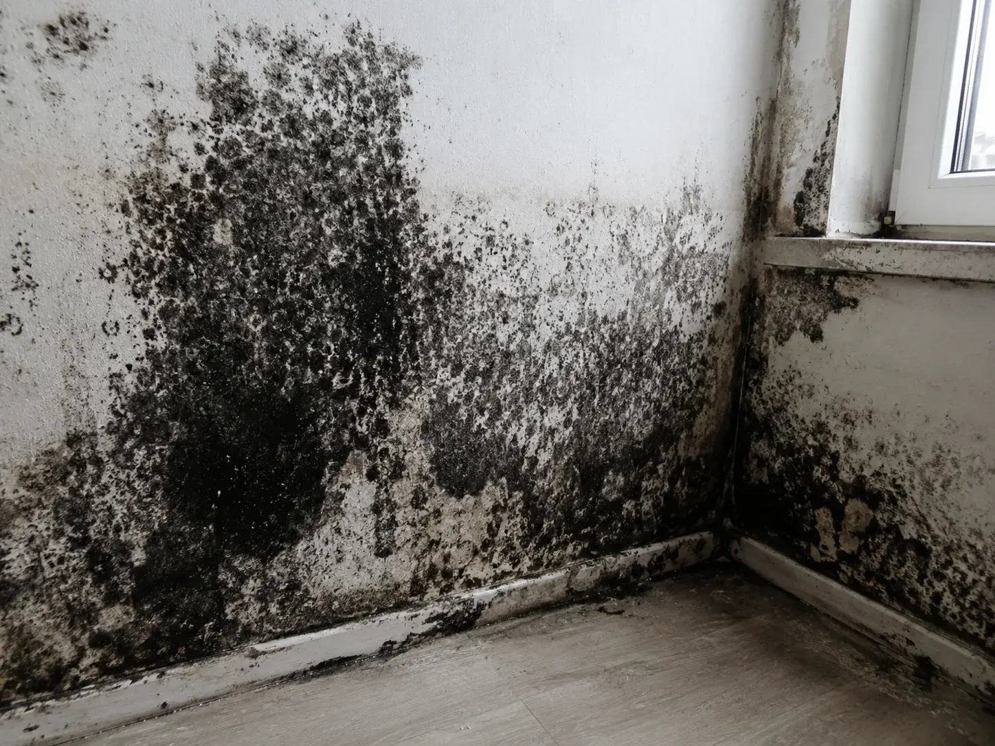 Schwarzer Schimmel – schwarzer Schimmelpilz an feuchter Wand | Schimmelprotektor Schwarzer Schimmel (Stachybotrys chartarum) als dichter schwarzer Belag an feuchter Wandecke und unter Fensterlaibung