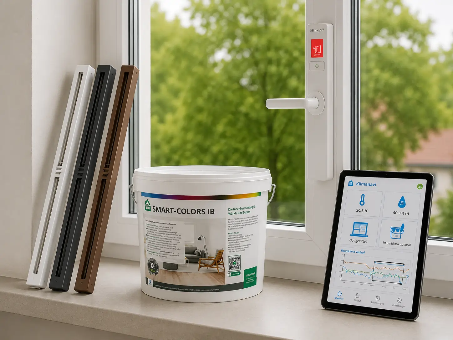 Klimagriff, SMART-COLORS IB Farbeimer und Klimanavi App auf einer Fensterbank – drei Produkte für gesundes Raumklima