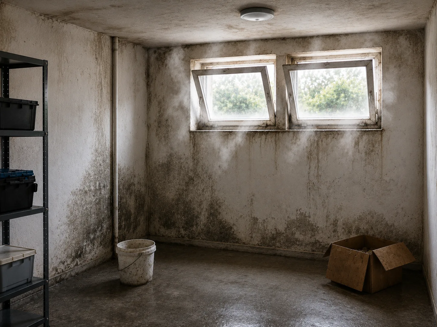 Sommerkondensation im Keller – feuchte Kellerwände und Sommerschimmel durch falsches Lüften im Sommer | Schimmelprotektor Feuchter Keller mit offenen Fenstern und Schimmelbildung an den Wänden – typische Sommerkondensation im Untergeschoss mit Kondenswasser und Sommerschimmel