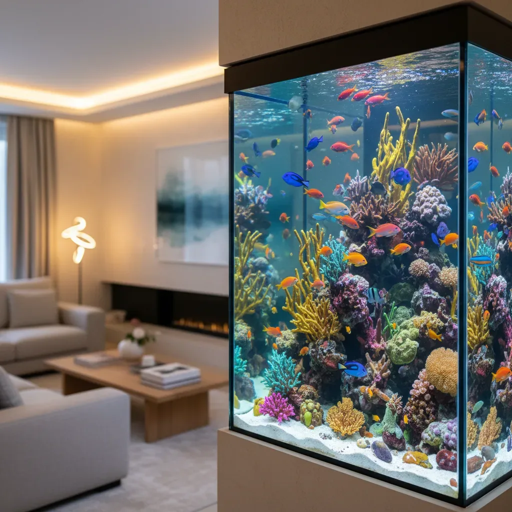 Großes Aquarium mit bunten Korallen und Fischen im Wohnzimmer als Feuchtigkeitsquelle