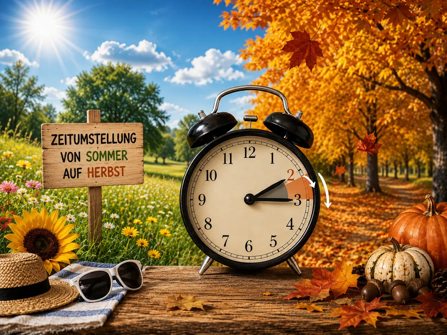 Großer schwarzer Wecker zeigt Zeitumstellung von Sommer auf Herbst, umgeben von Sonnenblumen, Kürbissen und buntem Herbstlaub