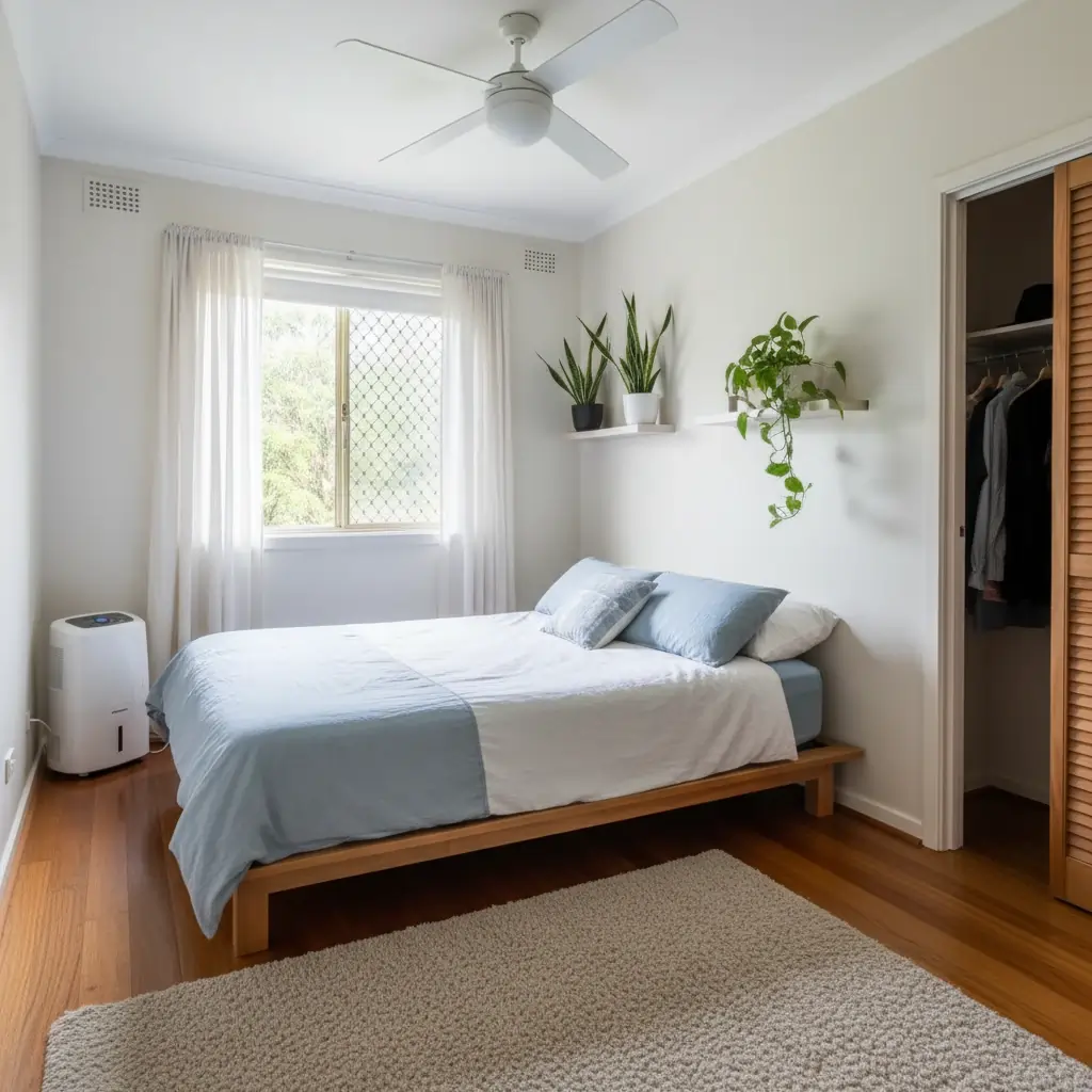 Helles, schimmelfreies Schlafzimmer mit Luftentfeuchter, Zimmerpflanzen und gut durchlüftetem Fenster – so vermeidet man Schimmel im Schlafzimmer