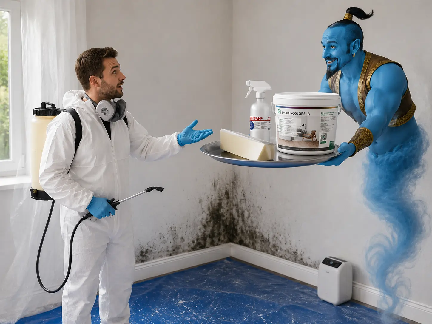 Schimmelsanierung in der Ecke: Fachmann mit Schutzausrüstung und Genie präsentiert SMART-COLORS IB und ANOSAN Produkte