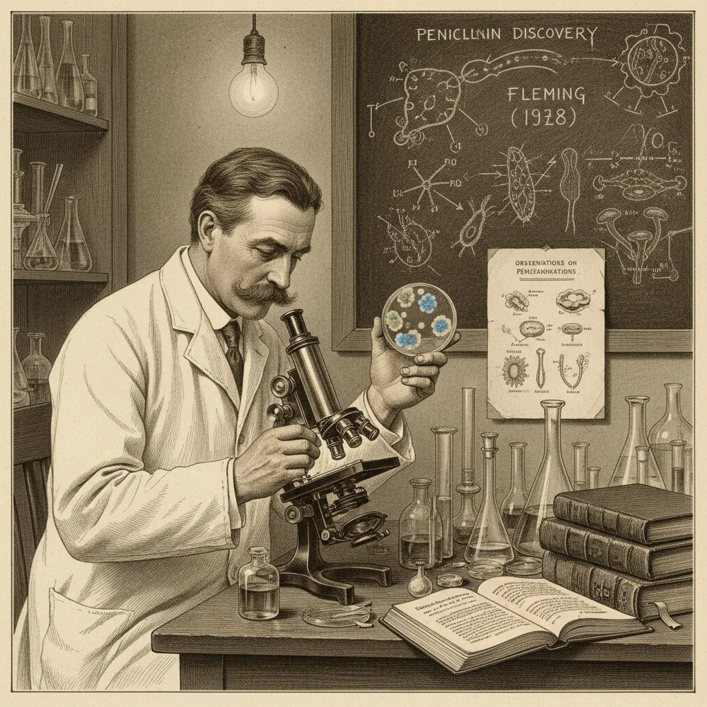 Historische Illustration von Alexander Fleming bei der Entdeckung des Penicillins 1928 – Wissenschaftler betrachtet Petrischale mit Schimmelkulturen am Mikroskop