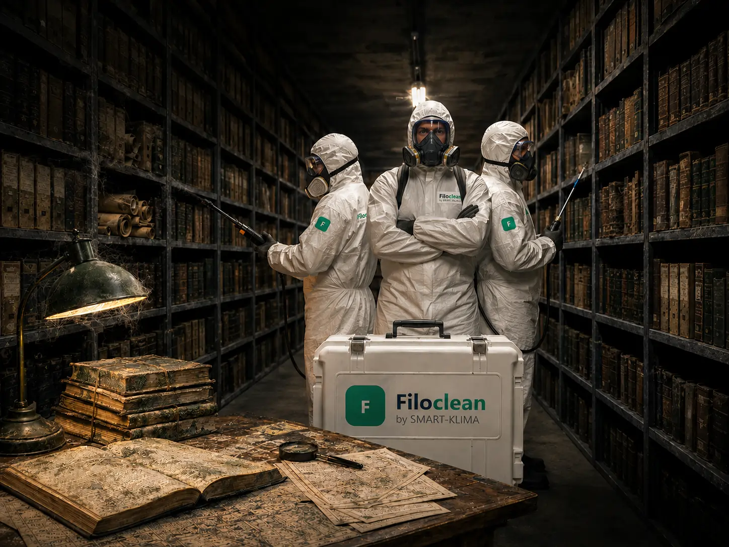 FILOCLEAN-Team in Schutzanzügen im Schimmel-befallenen Archiv mit alten Büchern und Filoclean Koffer