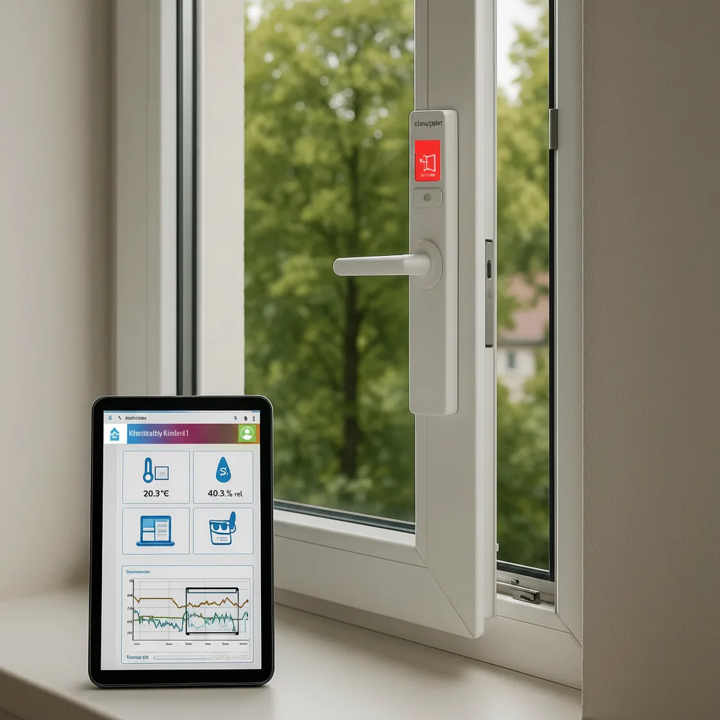 Geöffnetes Kunststofffenster mit Klimasensor am Rahmen und Smart-Home-Tablet auf der Fensterbank zeigt Temperatur und Luftfeuchtigkeit