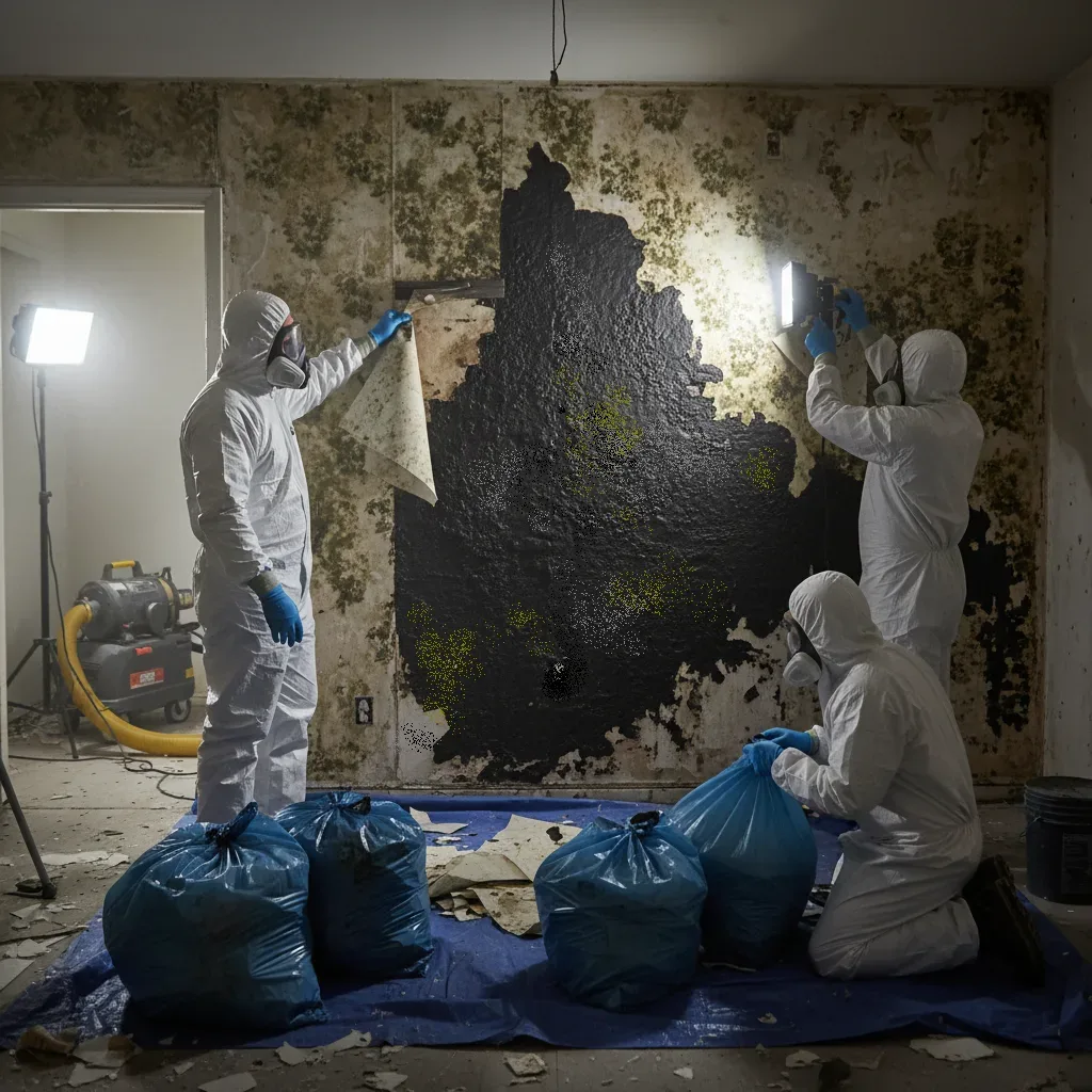 Sanierungsteam in Schutzanzügen entfernt großflächigen schwarzen Schimmel von einer Wand