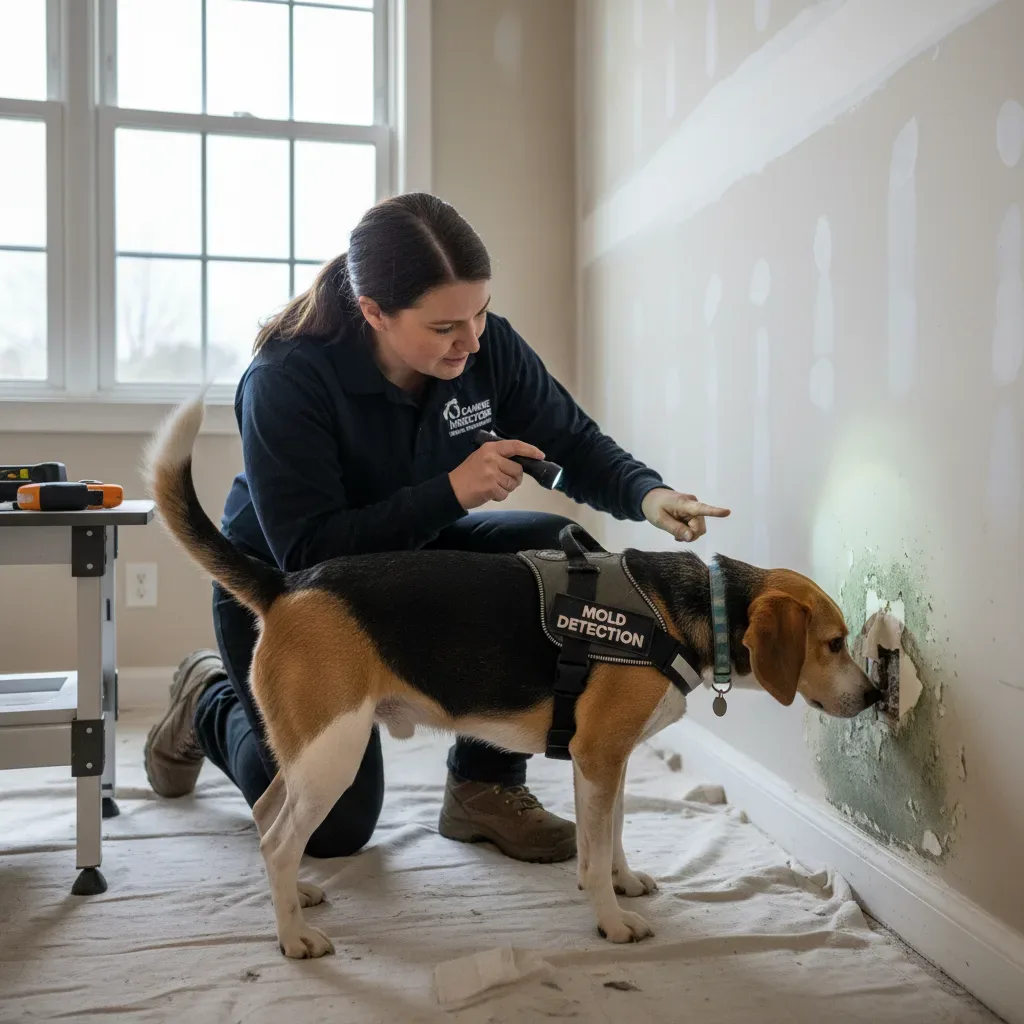 Schimmelspürhund mit Mold-Detection-Weste erschnüffelt Schimmelbefall hinter Gipskartonwand, Hundeführerin zeigt auf die Fundstelle