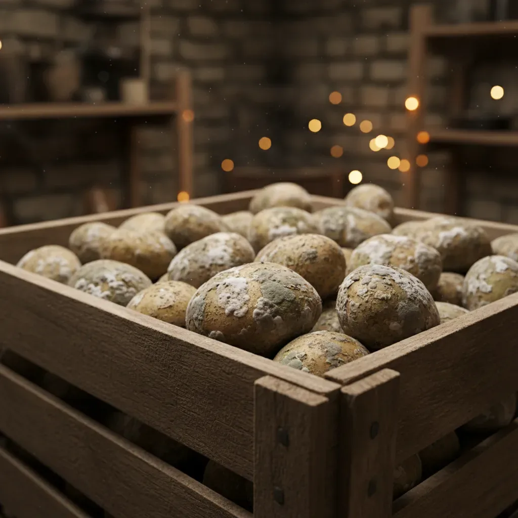 Holzkiste mit verschimmelten Kartoffeln in einem dunklen Keller