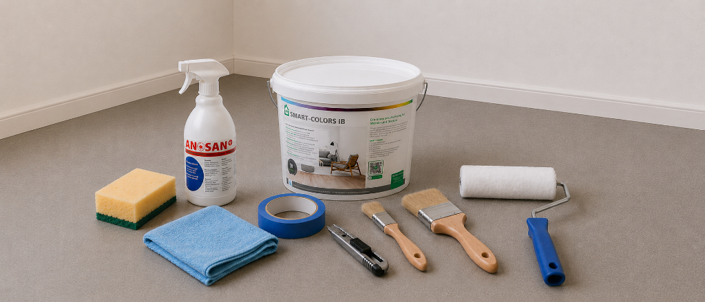 Schimmelentfernung mit professionellen Mitteln von Schimmelprotektor Schimmel entfernen – professionelles Sanierungsmaterial: ANOSAN Schimmelentferner, SMART-COLORS IB Sanierputz, Pinsel, Farbrolle und Schutzmittel