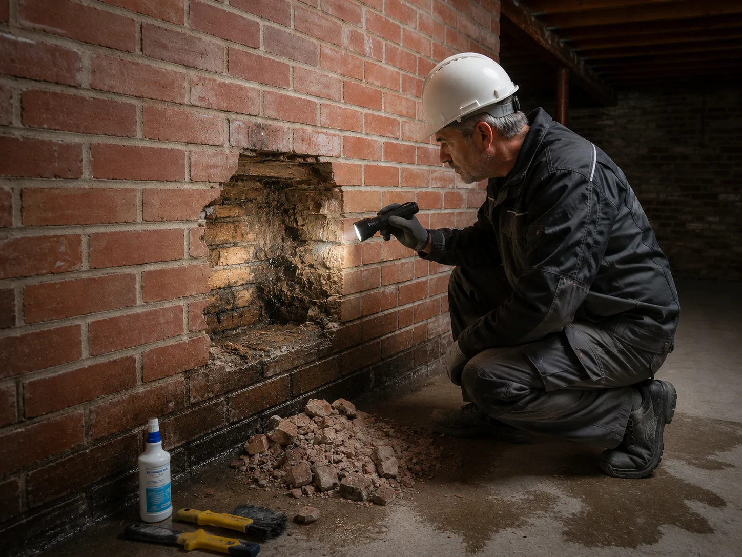 Fachmann mit Helm und Taschenlampe untersucht feuchtes, schimmeliges Mauerwerk in einem Keller