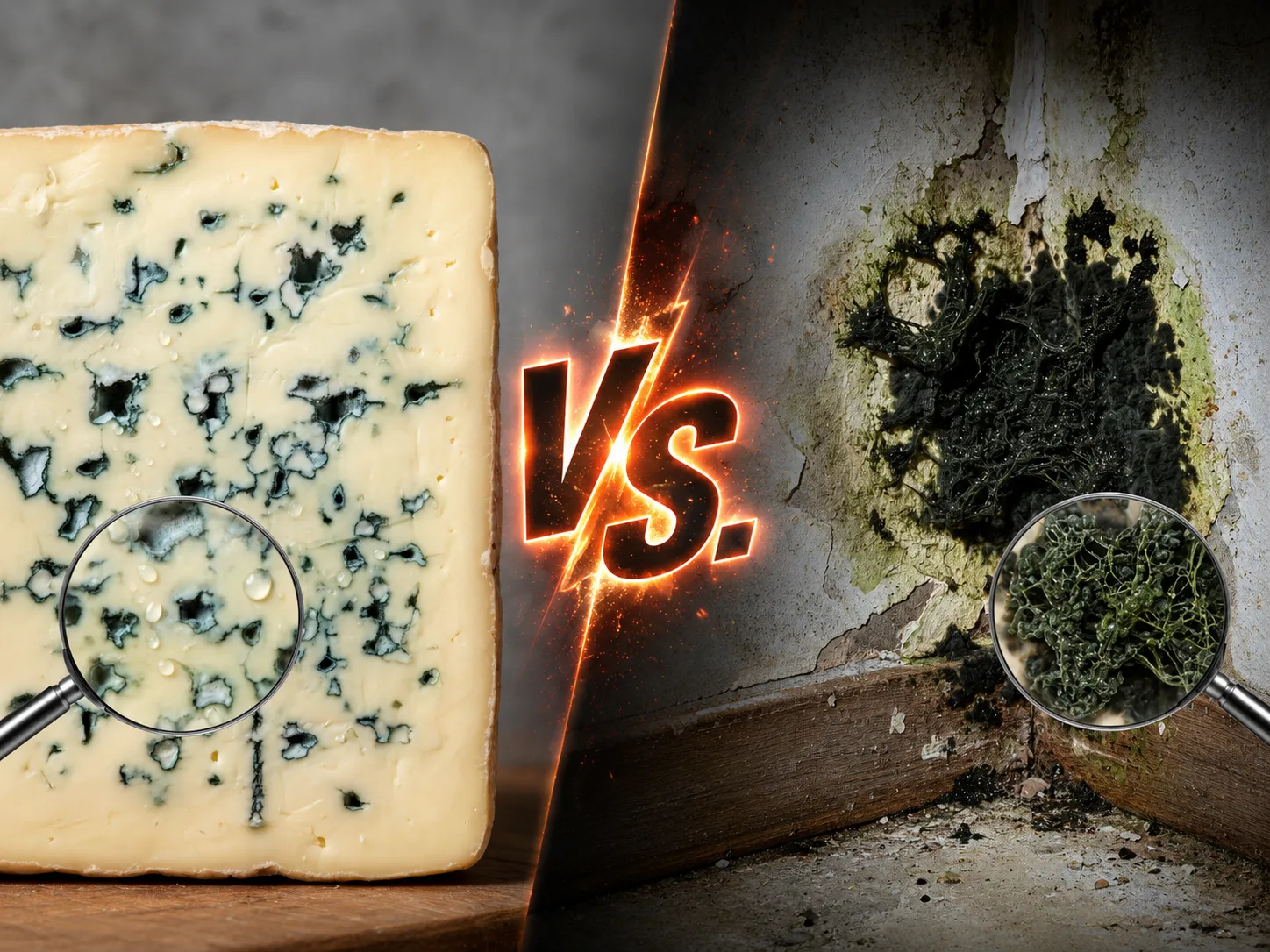 Vergleich guter Schimmel vs. böser Schimmel: Blauschimmelkäse mit Lupe neben schwarzem Schimmelbefall an einer Wand