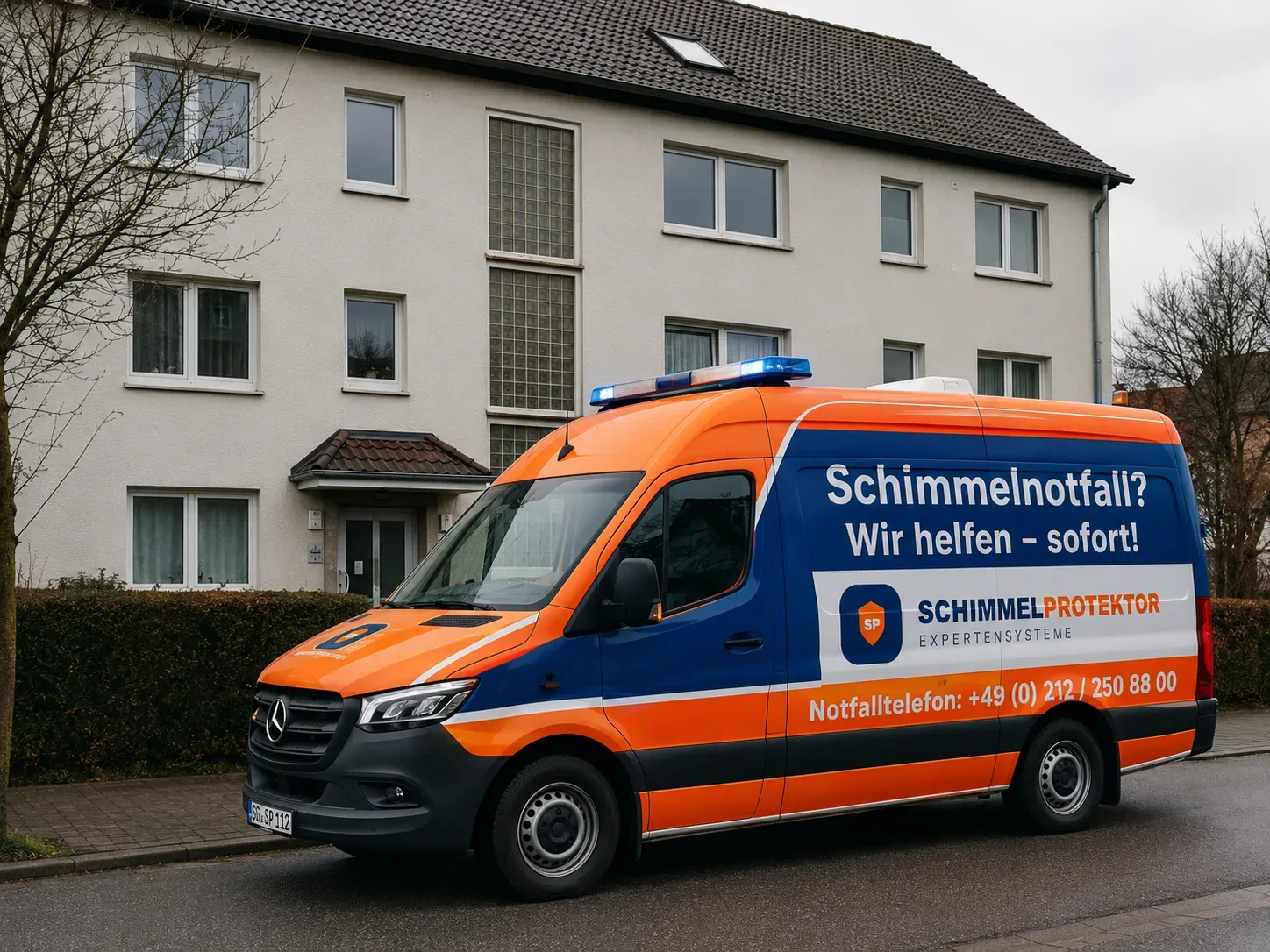 Schimmelprotektor Notfallfahrzeug vor Wohnhaus mit Aufschrift Schimmelnotfall Wir helfen sofort und Notfalltelefonnummer