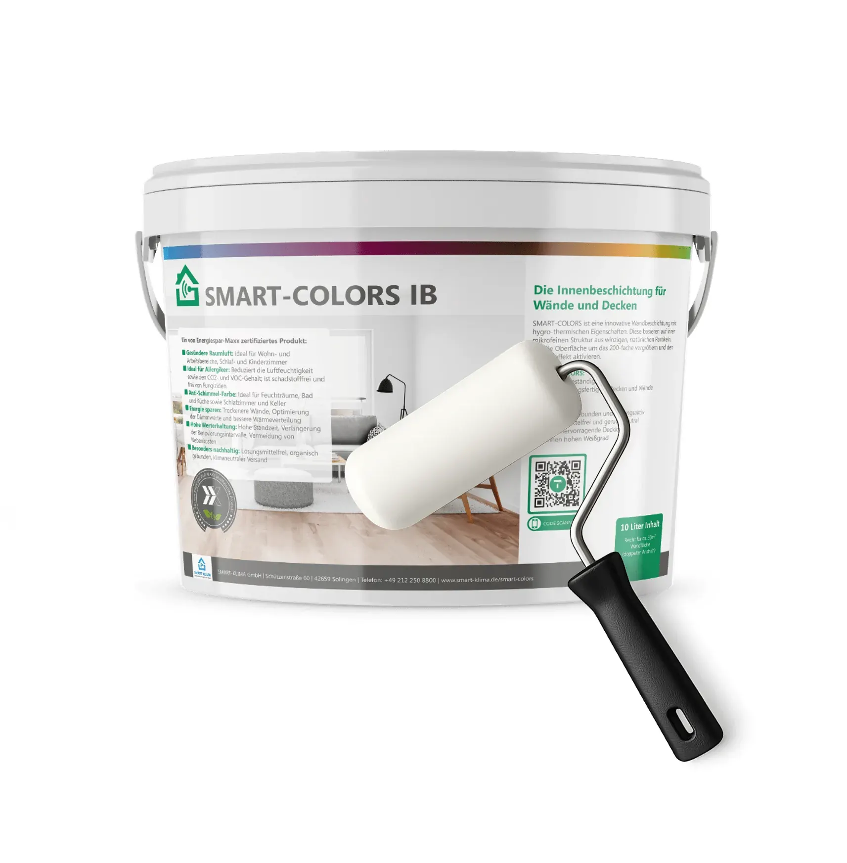 SMART-COLORS IB Anti-Schimmel-Farbe im 10-Liter-Eimer mit Farbrolle auf weißem Hintergrund – chlorfreie Aktivbeschichtung für Kellerwände
