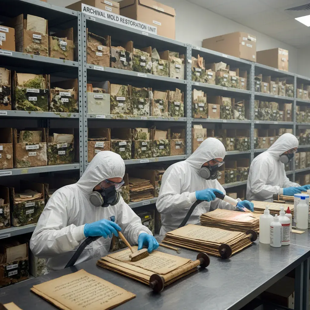 Drei Fachkräfte in weißen Schutzanzügen und Atemschutzmasken reinigen verschimmelte Archivakten in einem Archiv-Restaurierungsraum