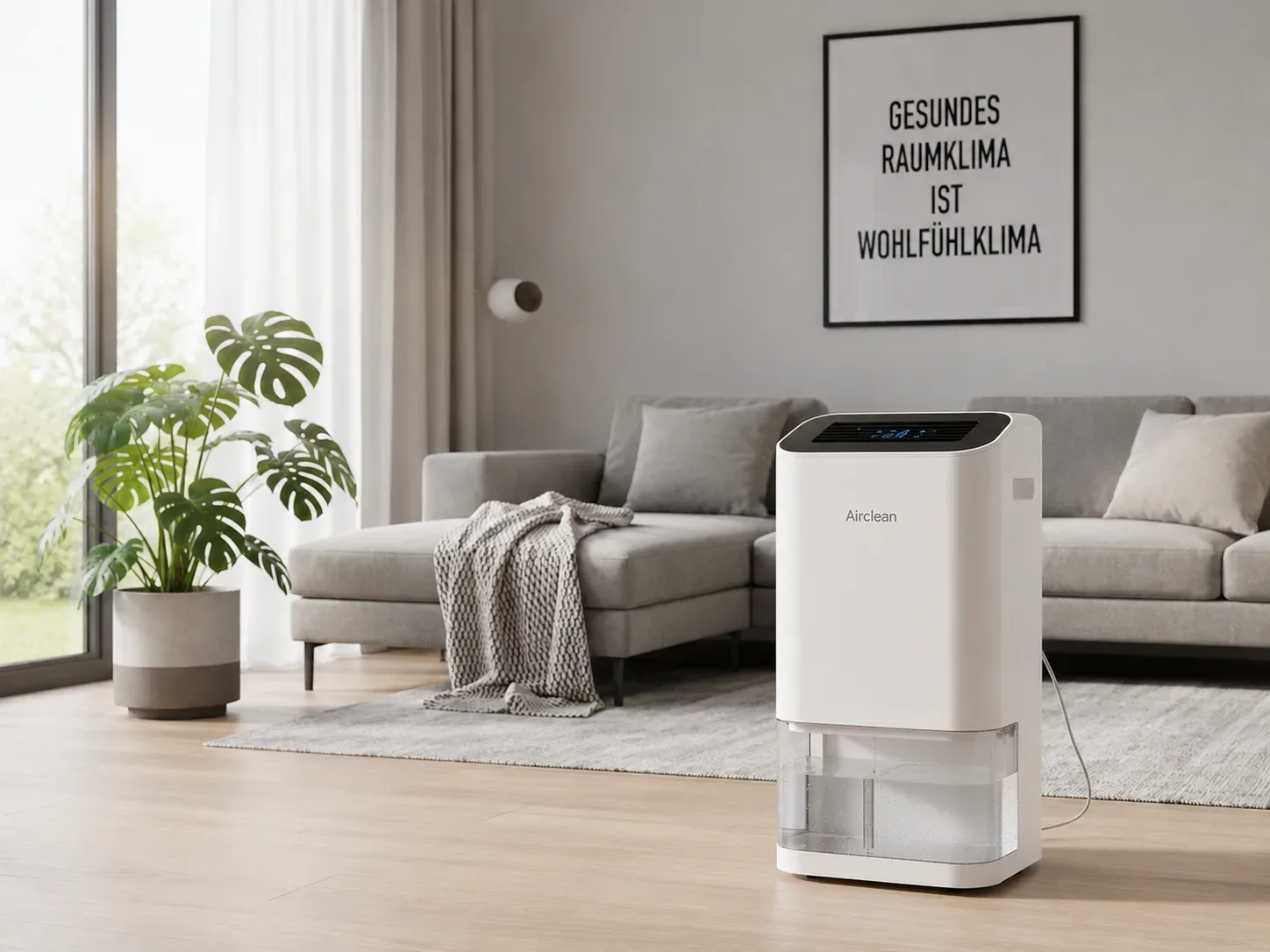 Moderner weißer Luftentfeuchter Airclean im hellen Wohnzimmer mit Monstera-Pflanze und grauem Sofa, Wandbild mit Aufschrift „Gesundes Raumklima ist Wohlfühlklima"