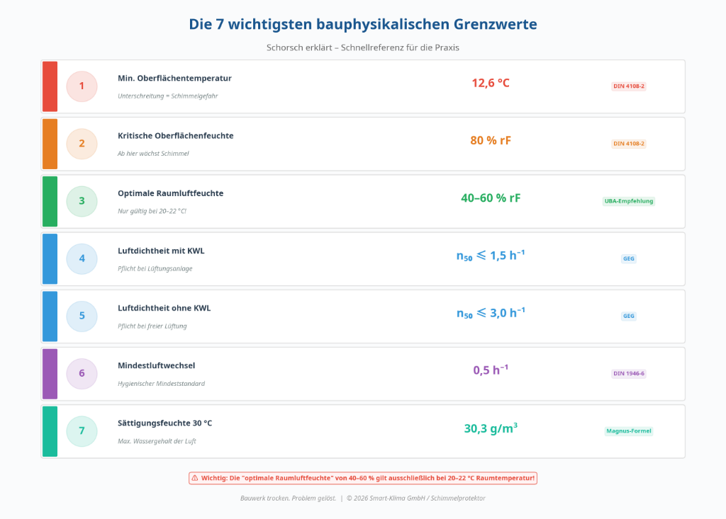 Die 7 wichtigsten bauphysikalischen Grenzwerte – Schimmelprotektor Die 7 wichtigsten bauphysikalischen Grenzwerte – Schnellreferenz für die Praxis: 1. Min. Oberflächentemperatur 12,6 °C (anerkannte Regeln der Technik), 2. Kritische Oberflächenfeuchte 80 % rF (anerkannte Regeln der Technik), 3. Optimale Raumluftfeuchte 40–60 % rF (UBA-Empfehlung, nur bei 20–22 °C), 4. Luftdichtheit mit KWL n50 ≤ 1,5 h⁻¹ (GEG), 5. Luftdichtheit ohne KWL n50 ≤ 3,0 h⁻¹ (GEG), 6. Mindestluftwechsel 0,5 h⁻¹ (DIN 1946-6), 7. Sättigungsfeuchte 30 °C 30,3 g/m³ (Magnus-Formel). Wichtig: Die optimale Raumluftfeuchte 40–60 % gilt ausschließlich bei 20–22 °C.