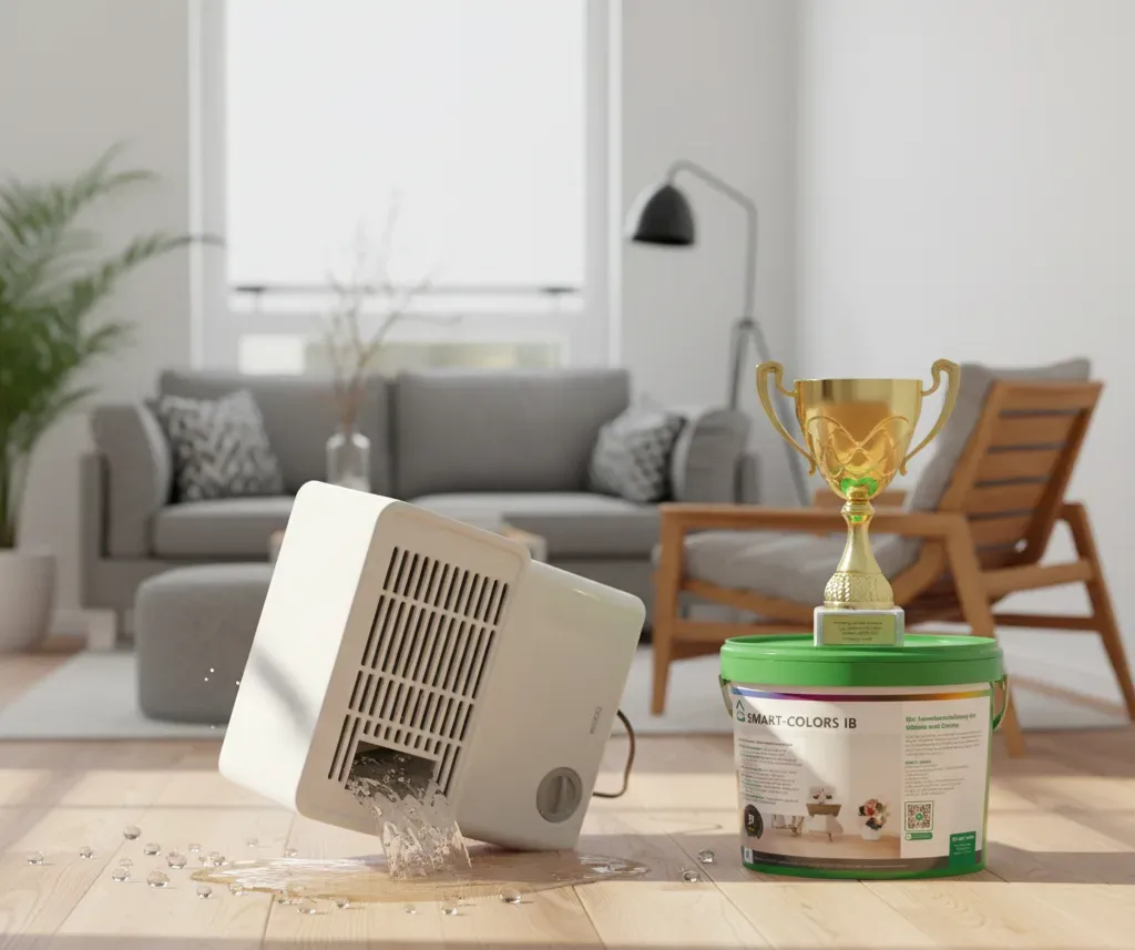 Elektrischer Luftentfeuchter und umgestürzte SMART-COLORS Farbe auf Holzboden in modernem Wohnzimmer