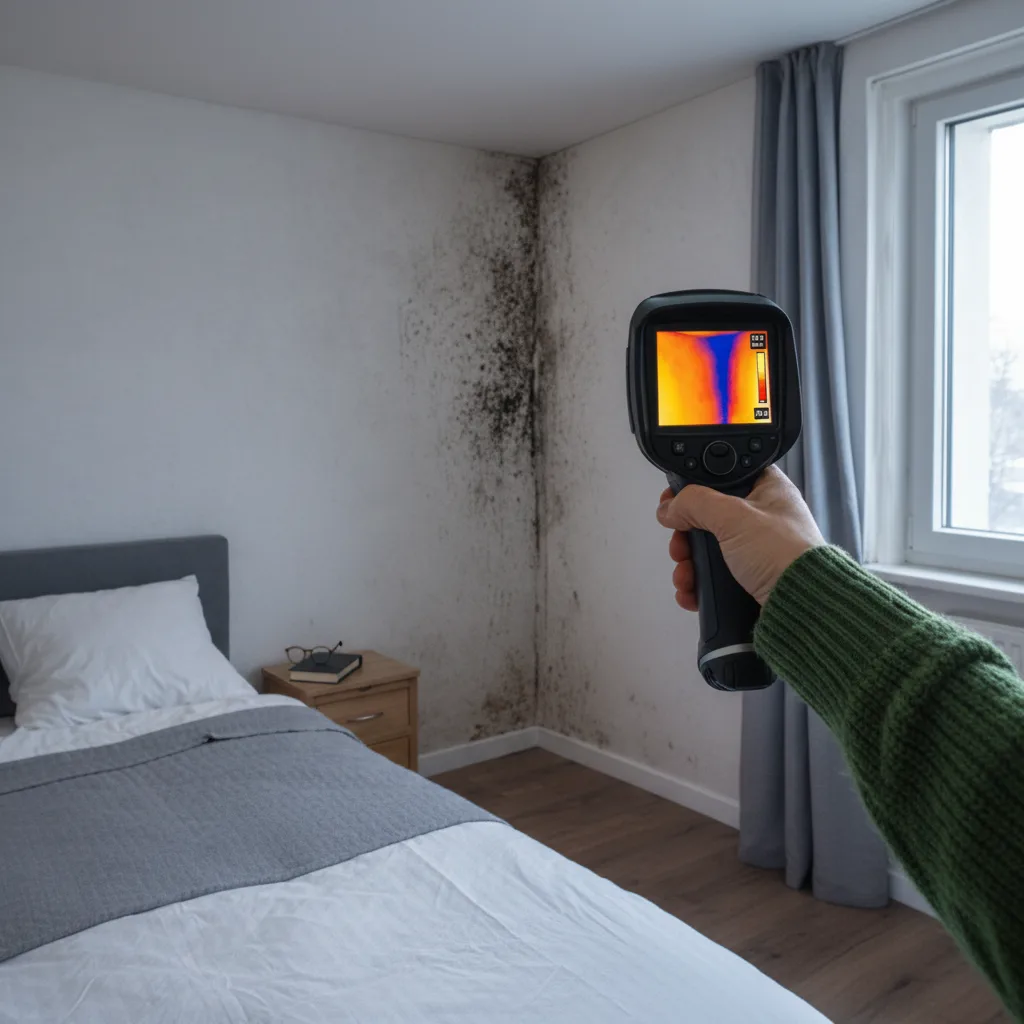 Wärmebildkamera zeigt Kältebrücke in Raumecke mit Schimmelbefall – Thermografiemessung in Schlafzimmer