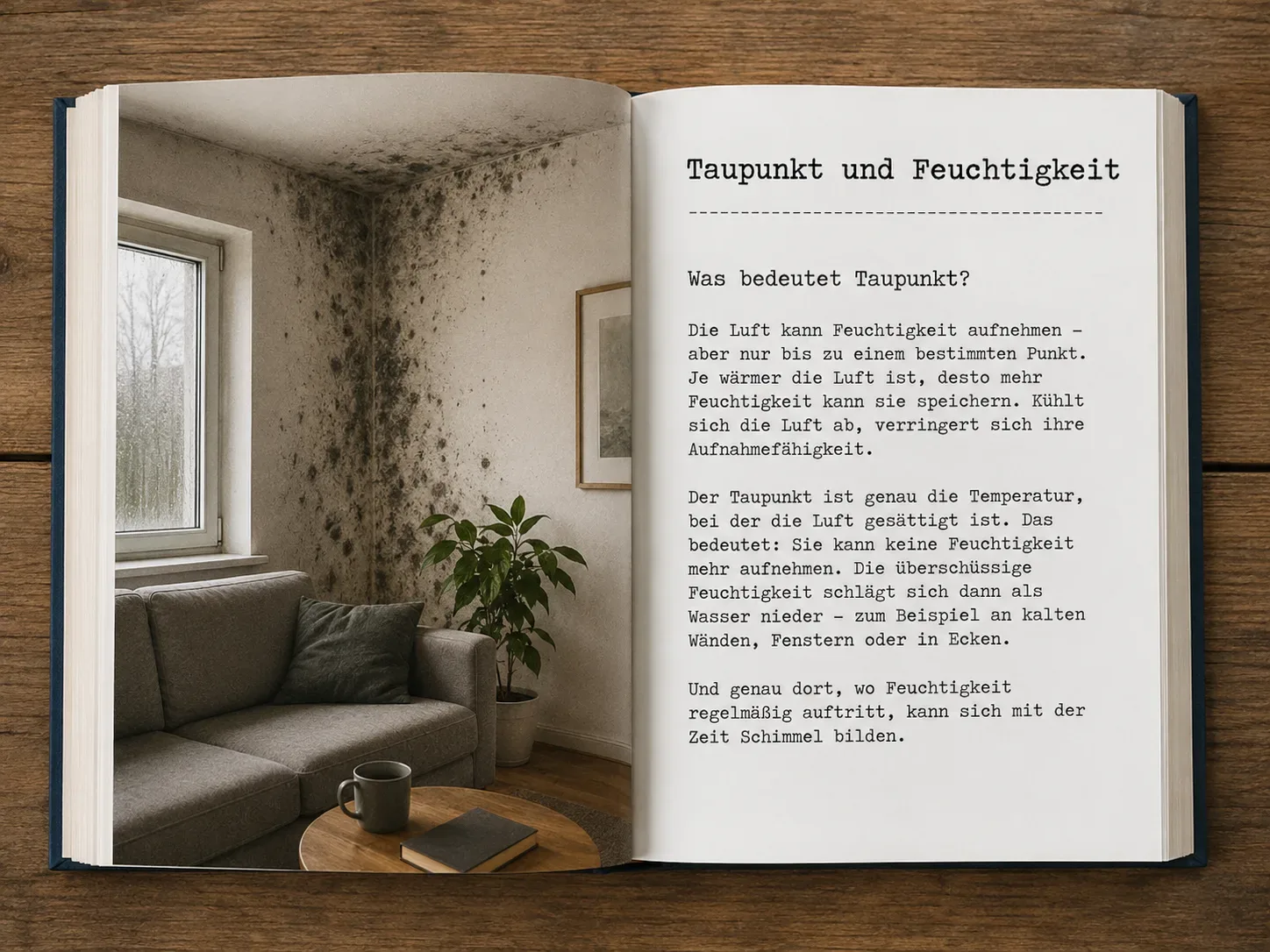 Aufgeschlagenes Buch über Taupunkt und Feuchtigkeit mit Bild von schimmelbefallener Wohnzimmerwand