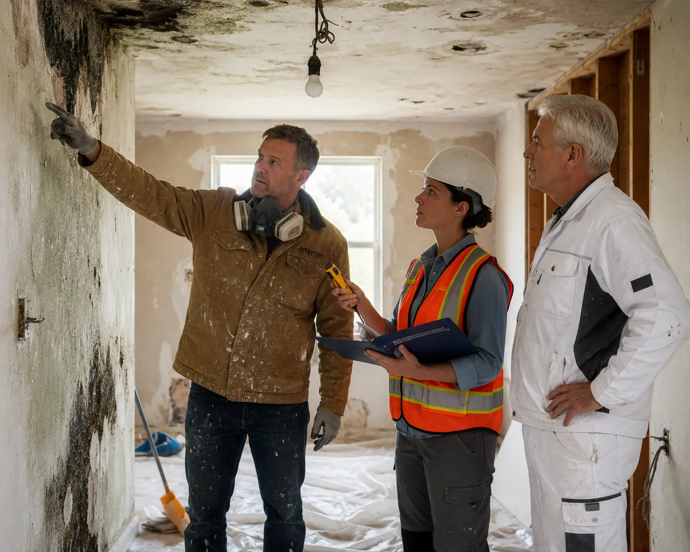 Maler, Baugutachterin und Handwerker begutachten gemeinsam Schimmelschaden an einer Wand