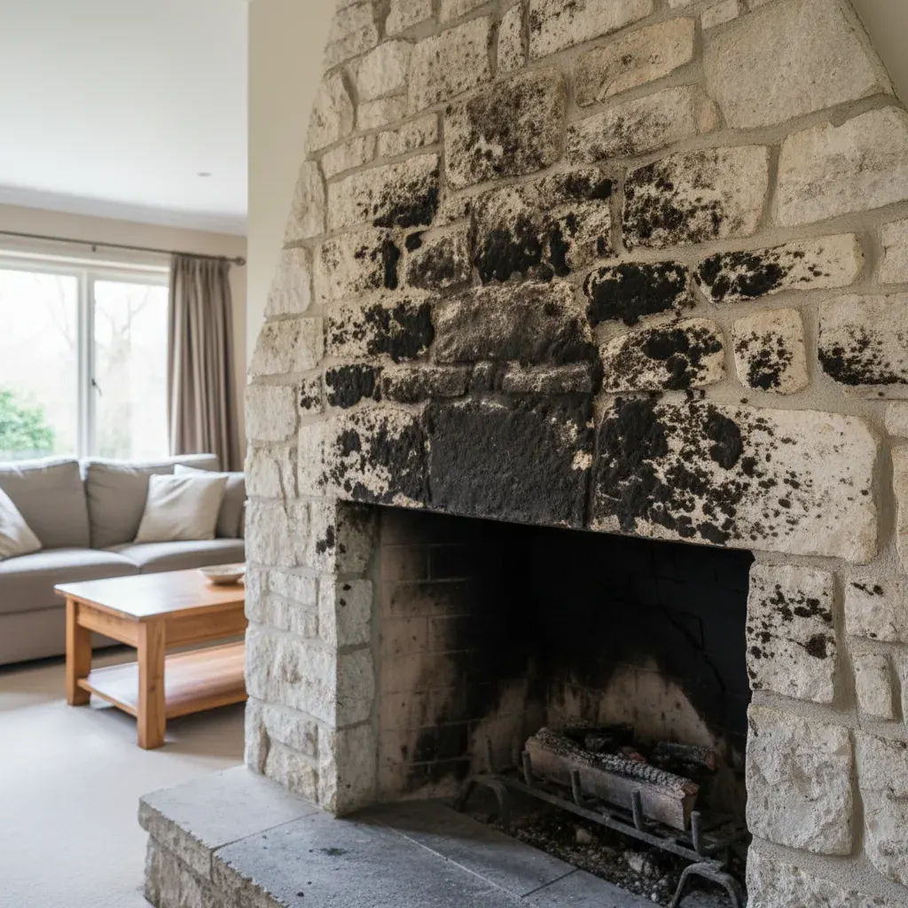 Natursteinkamin mit großflächigem schwarzen Schimmelbefall im Wohnzimmer
