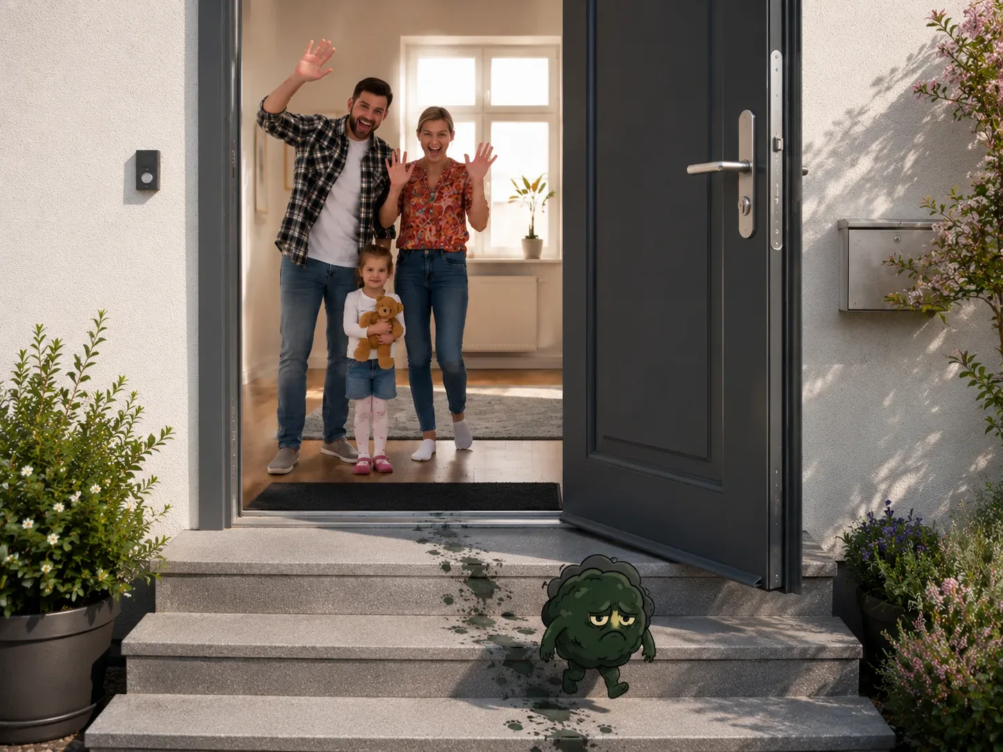 Glückliche Familie (Vater, Mutter, Kind mit Teddy) winkt vor geöffneter Haustür einem cartoon-haften Schimmel-Wesen nach, das die Treppe hinunterläuft
