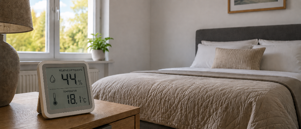 Feuchtigkeit & Raumklima im Griff: Optimale Luftfeuchtigkeit von 44 % nach Schimmelprotektor-Beratung – gesundes Raumklima ohne Schimmelrisiko Schlafzimmer mit optimiertem Raumklima: Hygrometer zeigt 44 % Luftfeuchtigkeit bei 18,1 °C – schimmelfreie, helle Wände nach erfolgreicher Feuchtigkeitssanierung