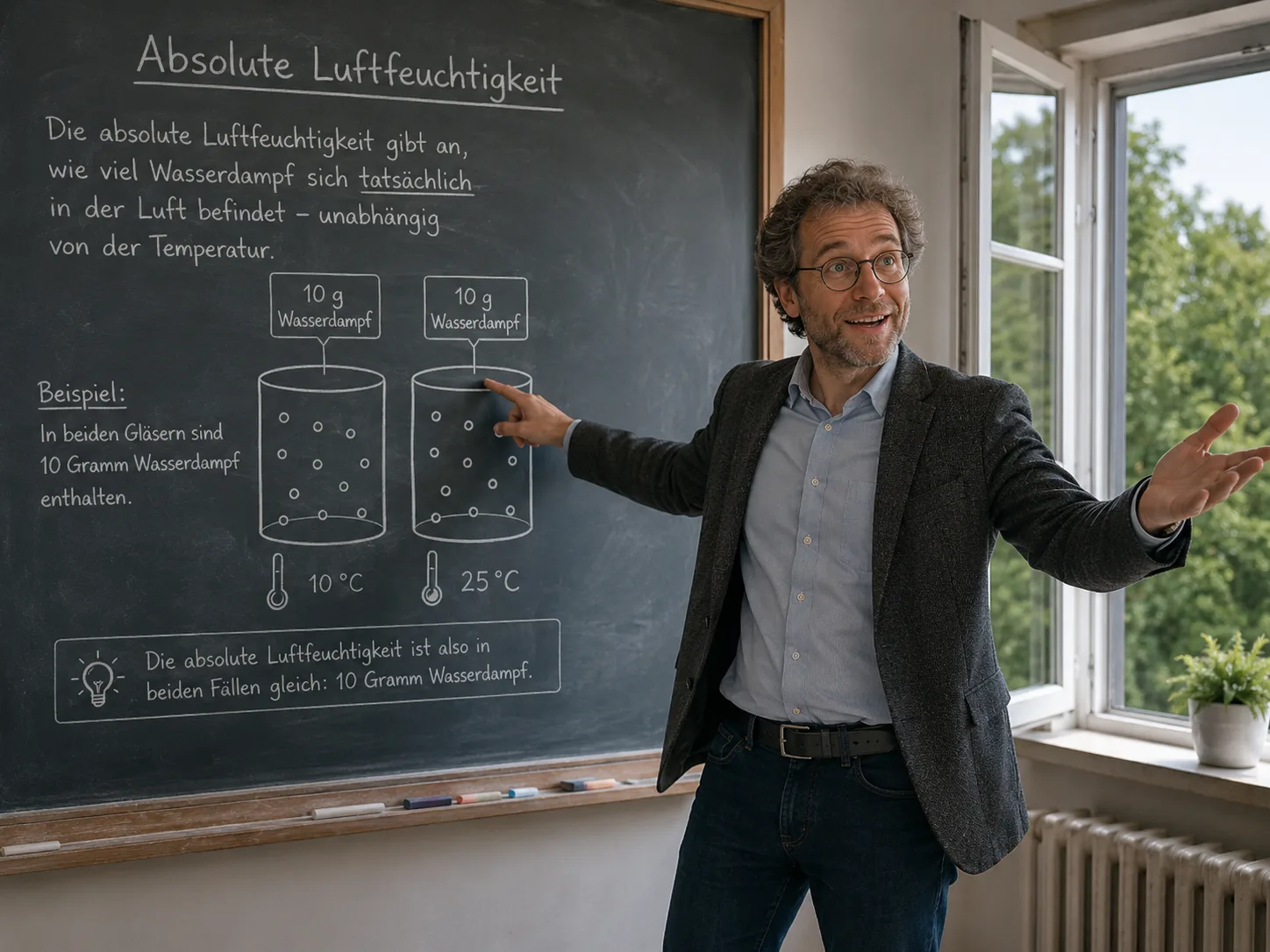Lehrer erklärt vor Schultafel das Konzept der absoluten Luftfeuchtigkeit mit Diagrammen zu Wasserdampfgehalt bei 10 °C und 25 °C