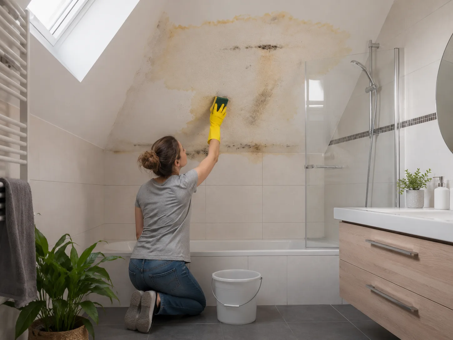Helles Dachgeschoss-Wohnzimmer mit modernem Interieur und deutlich sichtbaren gelb-braunen Stockflecken sowie Schimmelflecken an der weißen Schrägdecke