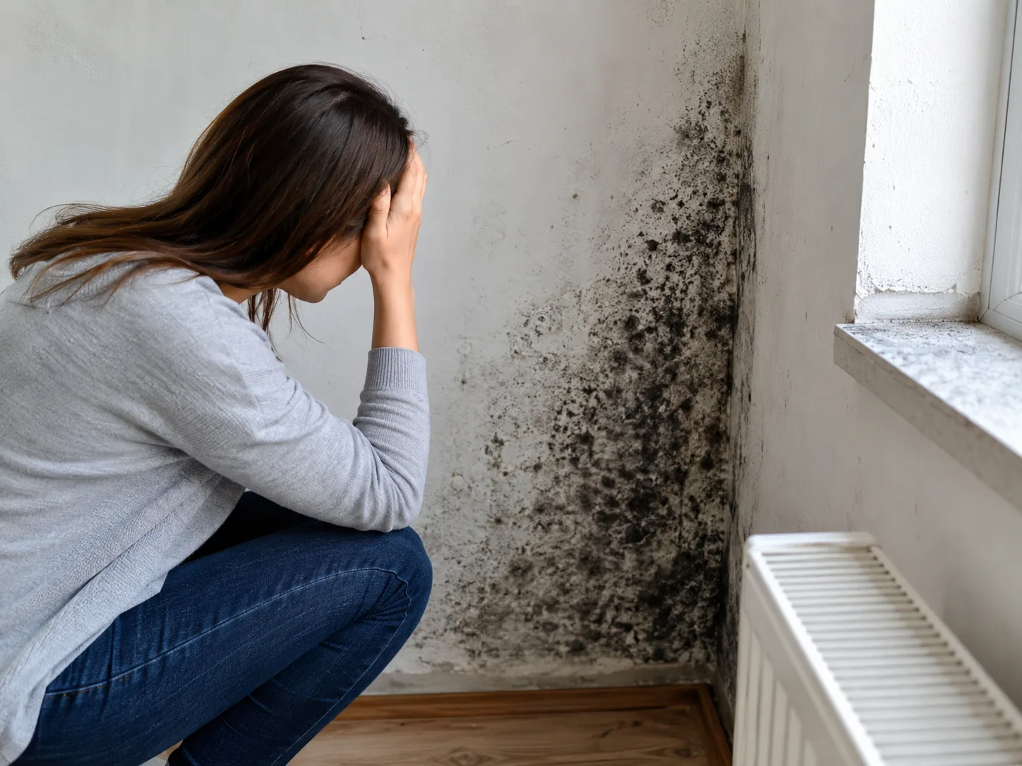 Schimmel aus der Wand entfernen – Schimmelbefall in einer Zimmerecke | Schimmelprotektor Blog Frau vor einer Wand mit Schimmelbefall in einer Zimmerecke, verzweifelte Haltung