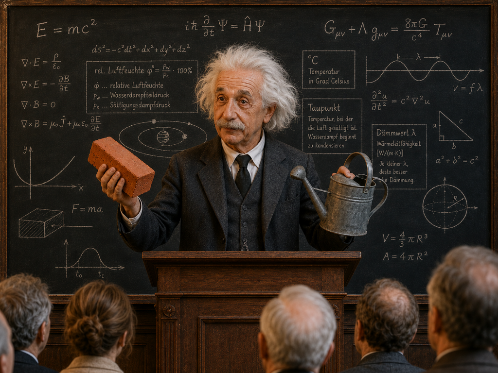 Ursachen & Bautechnik: Bauphysik-Vorlesung zu Taupunkt, Luftfeuchtigkeit und Wärmedämmung als Schimmelursachen | Schimmelprotektor Experte erklärt bauphysikalische Ursachen von Schimmel an der Tafel – relative Luftfeuchtigkeit, Taupunkt und Dämmwert als Schlüsselbegriffe für Ursachen & Bautechnik