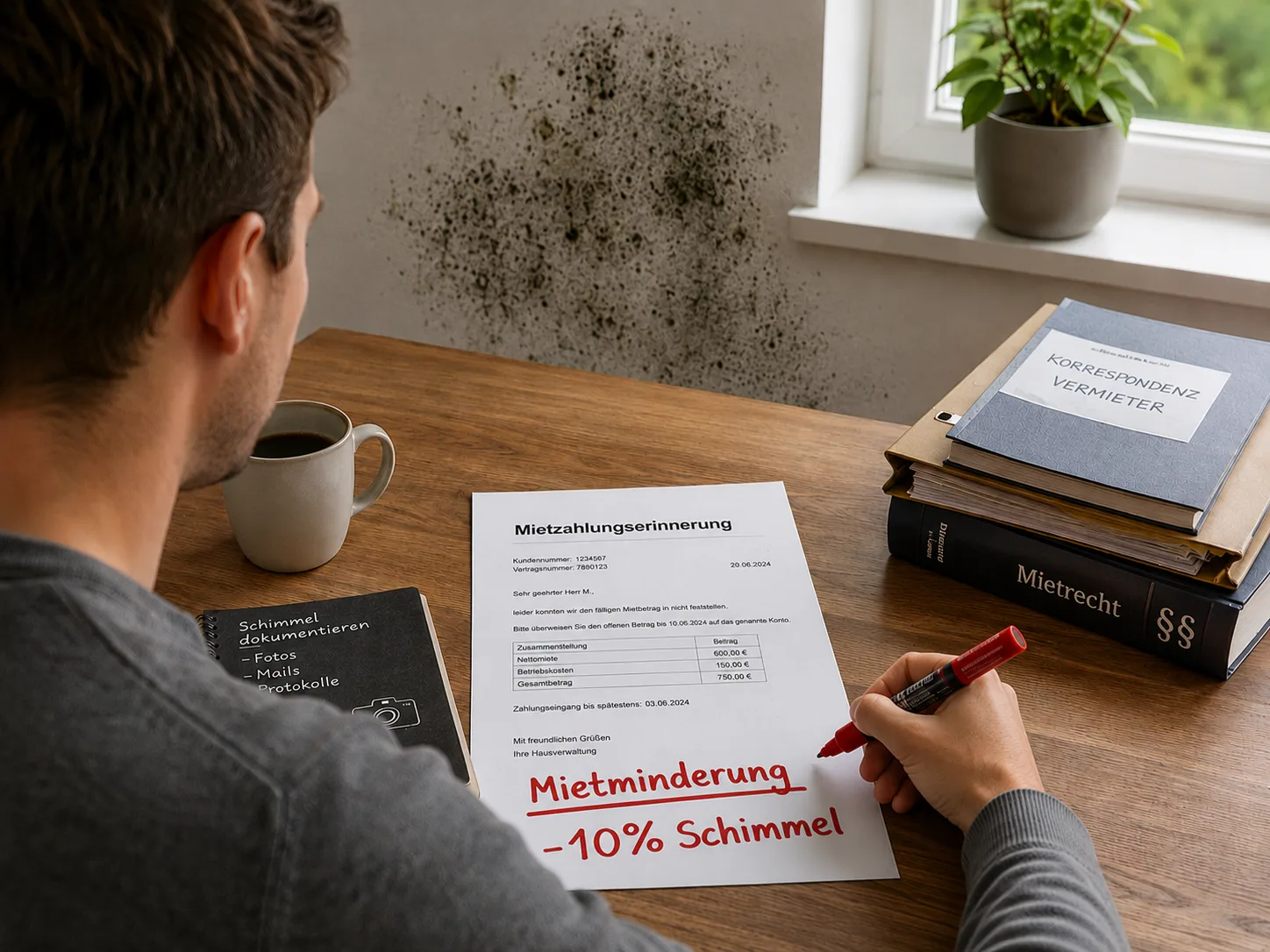 Mieter schreibt Mietminderung wegen Schimmel auf Mietdokument am Schreibtisch, schwarzer Schimmelpilz an der Wand