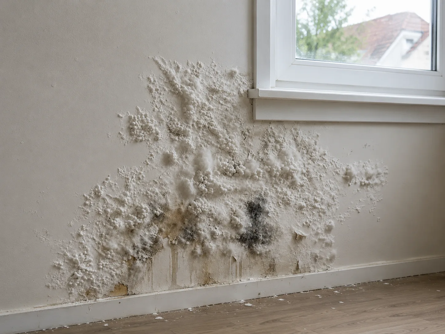 Weißer Schimmel – Befall an feuchter Wand und Fensterlaibung | Schimmelprotektor Weißer Schimmel als weißer, flauschiger Belag an feuchter Innenwand neben Fensterrahmen mit Kondenswasser