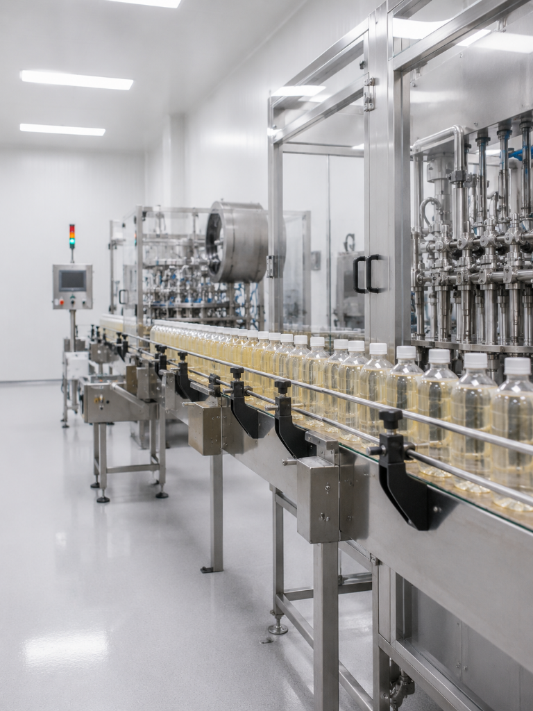 Schimmelbeseitigung in der Lebensmittelindustrie: HACCP-konforme Reinigung von Produktionshallen, Kühlräumen und Lagerflächen ohne Betriebsunterbrechung | Schimmelprotektor Sterile Abfüllanlage in einer zertifizierten Lebensmittelproduktionshalle: Flaschen auf Edelstahl-Förderband unter hygienischen Reinraumbedingungen – HACCP-konforme Produktionsumgebung ohne Schimmel- und Feuchtigkeitsbelastung