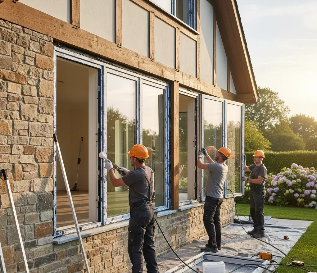 Drei Handwerker mit Schutzhelmen montieren neue Fenster an einem Einfamilienhaus während der Fenstersanierung