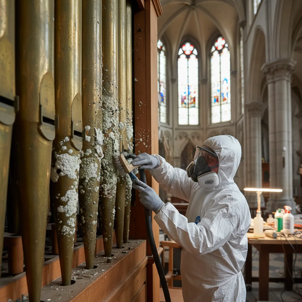 Restaurator in Schutzanzug reinigt schimmelbefallene Orgelpfeifen in einer Kirche mit Atemschutzmaske