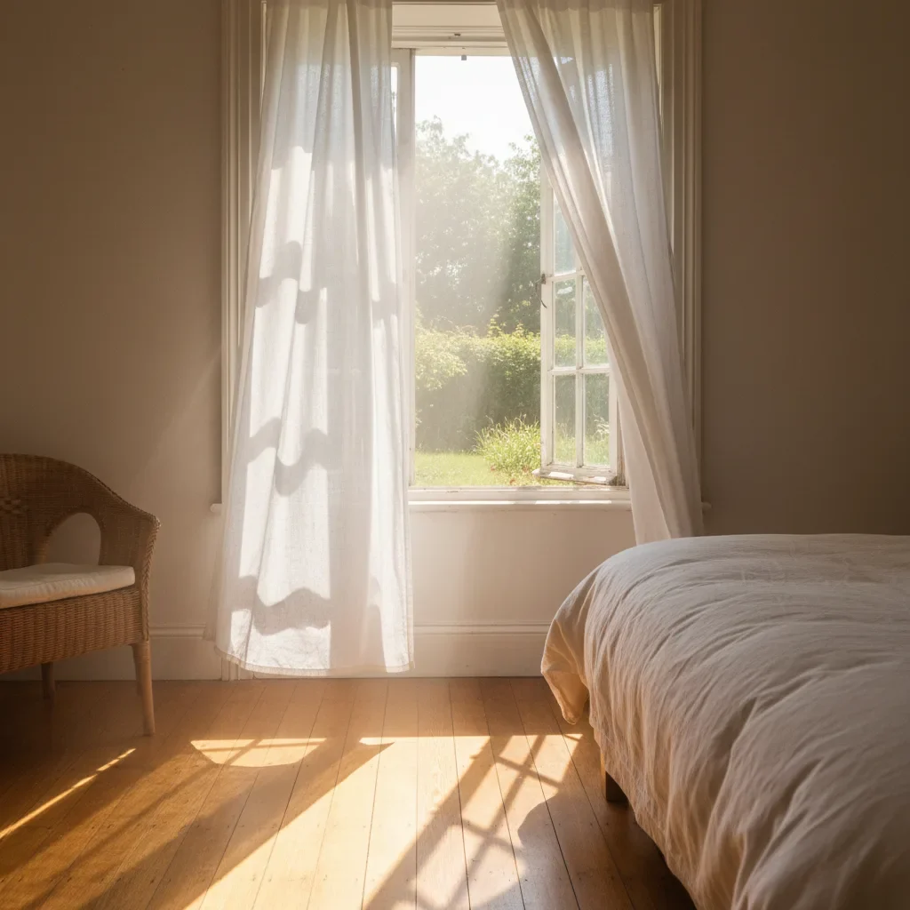 Helles Schlafzimmer mit offenem Fenster und wehendem Vorhang im Sommer – Risiko für Schimmel durch Feuchtigkeit