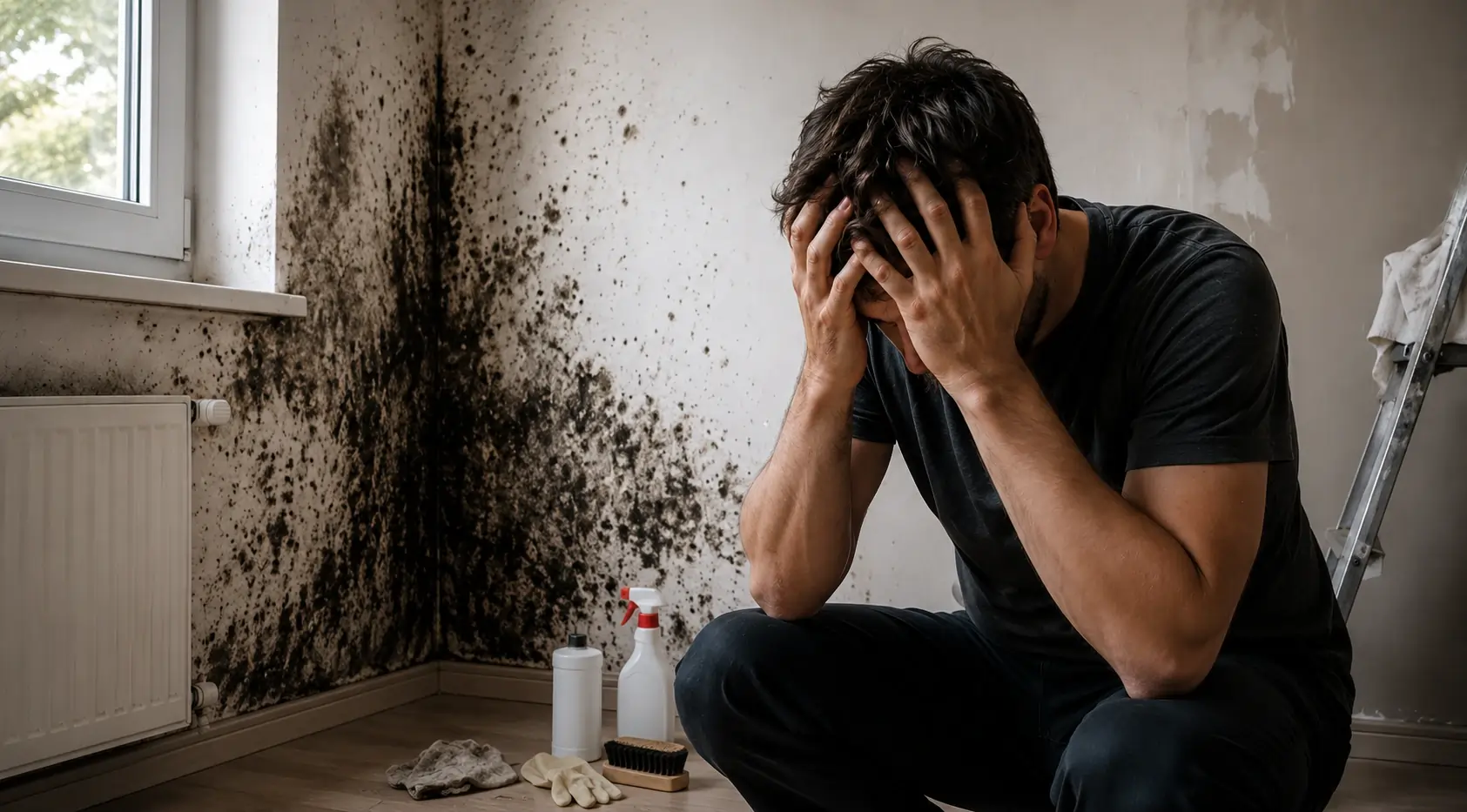 Wiederkehrender Schimmel – Symptom statt Ursache bekämpft Verzweifelter Mann sitzt vor stark schimmelbefallenem Wand mit Reinigungsmitteln – wiederkehrender Schimmel trotz Eigenbehandlung