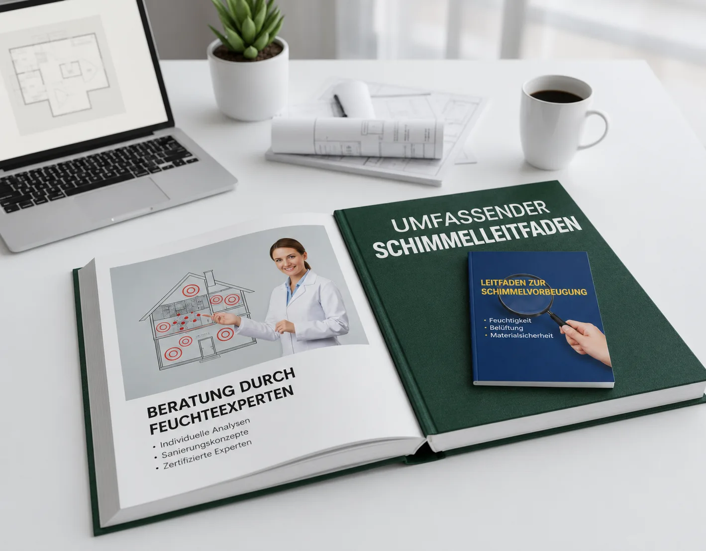 Aufgeschlagenes Fachbuch mit Schimmelleitfaden und Beratungshinweisen auf einem Schreibtisch mit Laptop