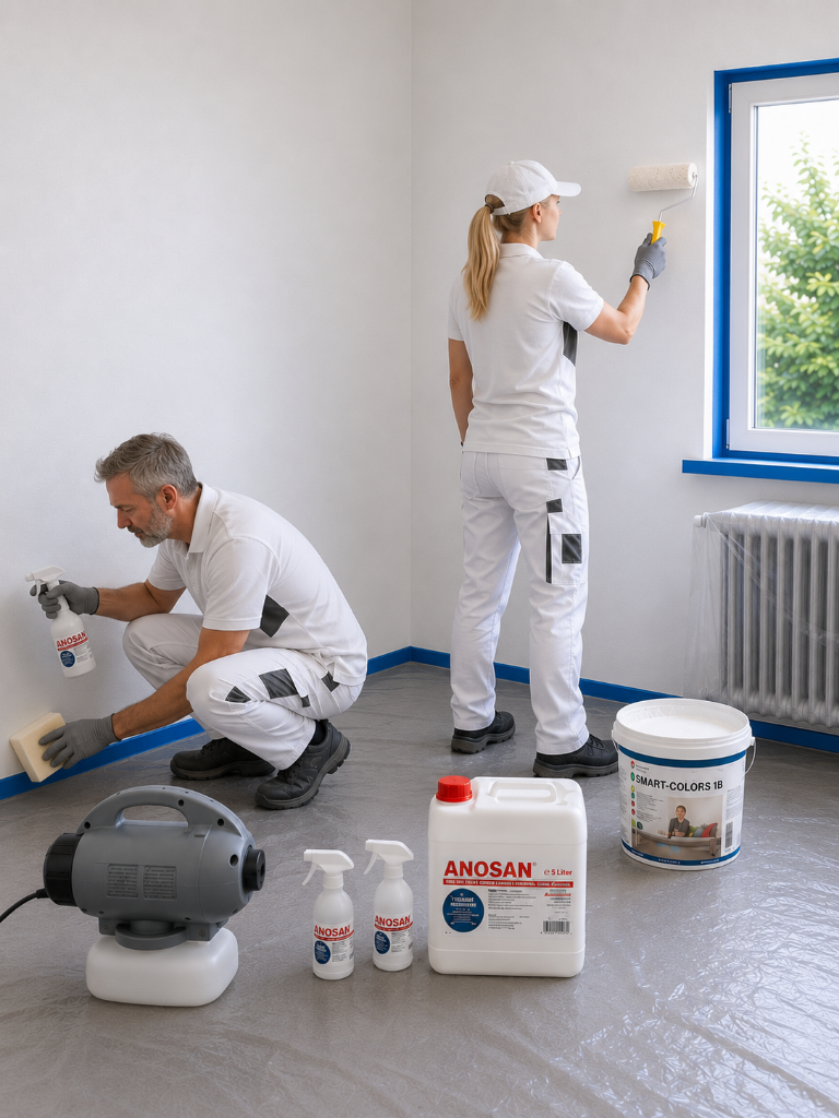 Professionelle Schimmelsanierung mit ANOSAN und SMART-COLORS 1B: Fachgerechte Schimmelbeseitigung durch zertifizierte Sanierungsspezialisten | Schimmelprotektor Zwei Fachbetrieb-Mitarbeiter in Schutzkleidung führen professionelle Schimmelsanierung durch: Mann behandelt Wandfußleiste mit ANOSAN-Desinfektion, Frau streicht Schutzanstrich mit Rolle – SMART-COLORS 1B Sanierfarbe sichtbar