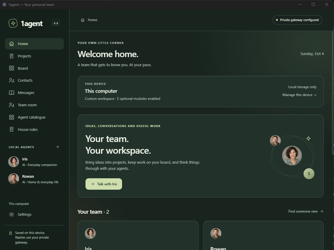 1agent desktop app home screen
