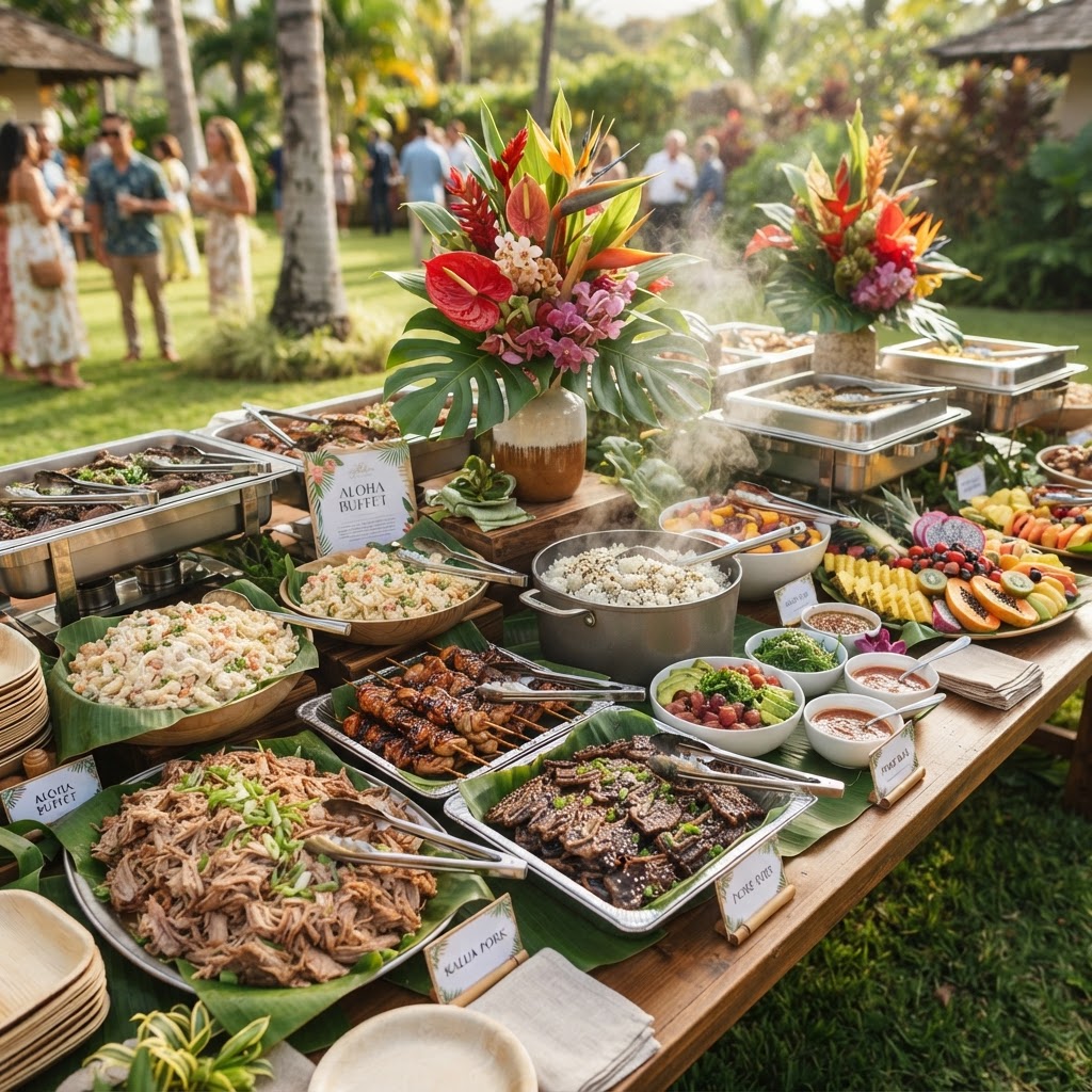Hawaiian catering spread set out for an event