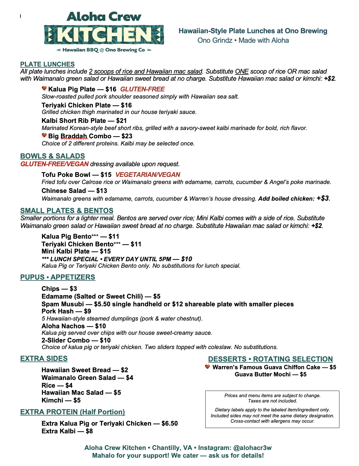 Aloha Crew Kitchen menu with plate lunches, bowls and salads, small plates and bentos, pupus, sides and desserts