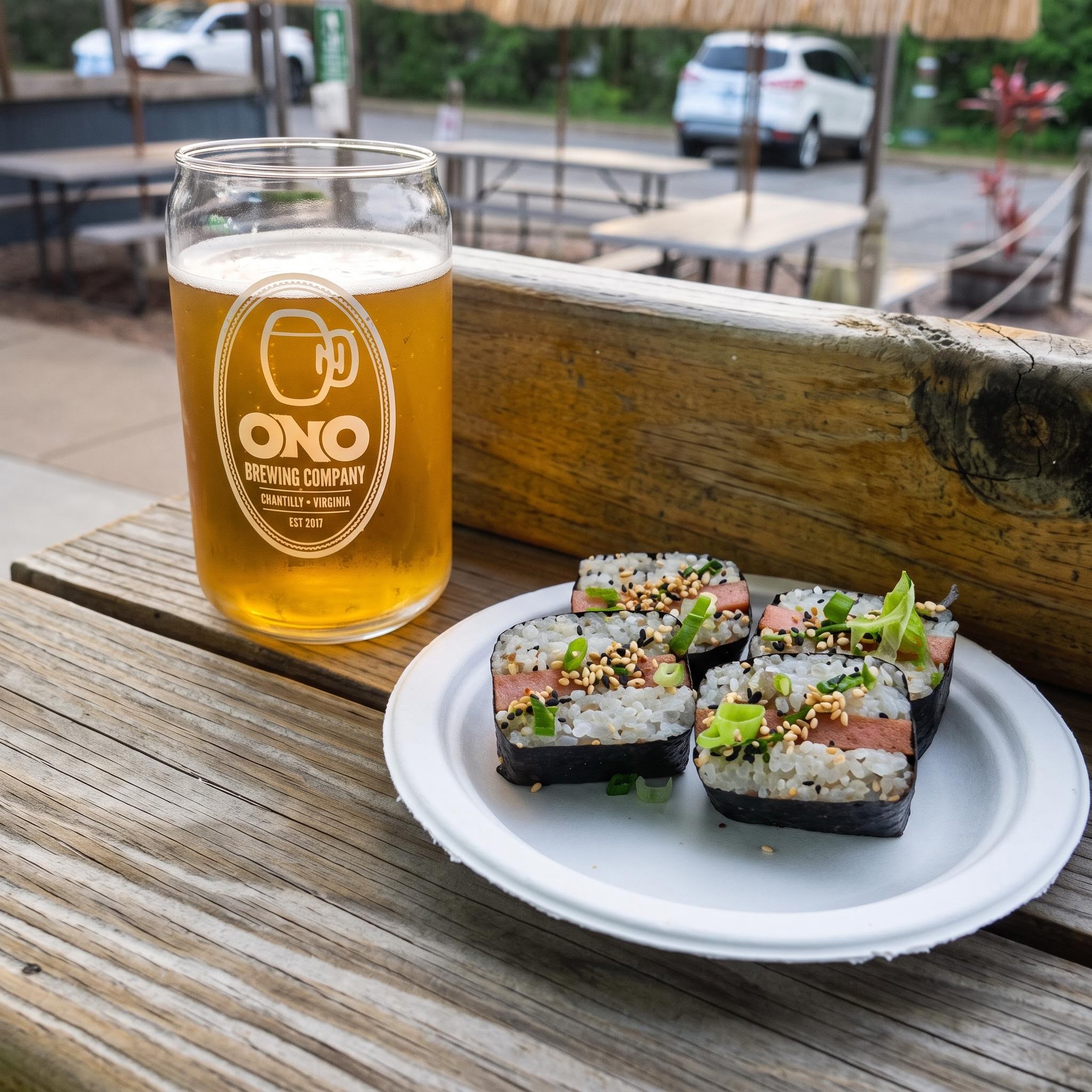 Plate of Spam musubi and an ice-cold Ono Brewing beer on the patio