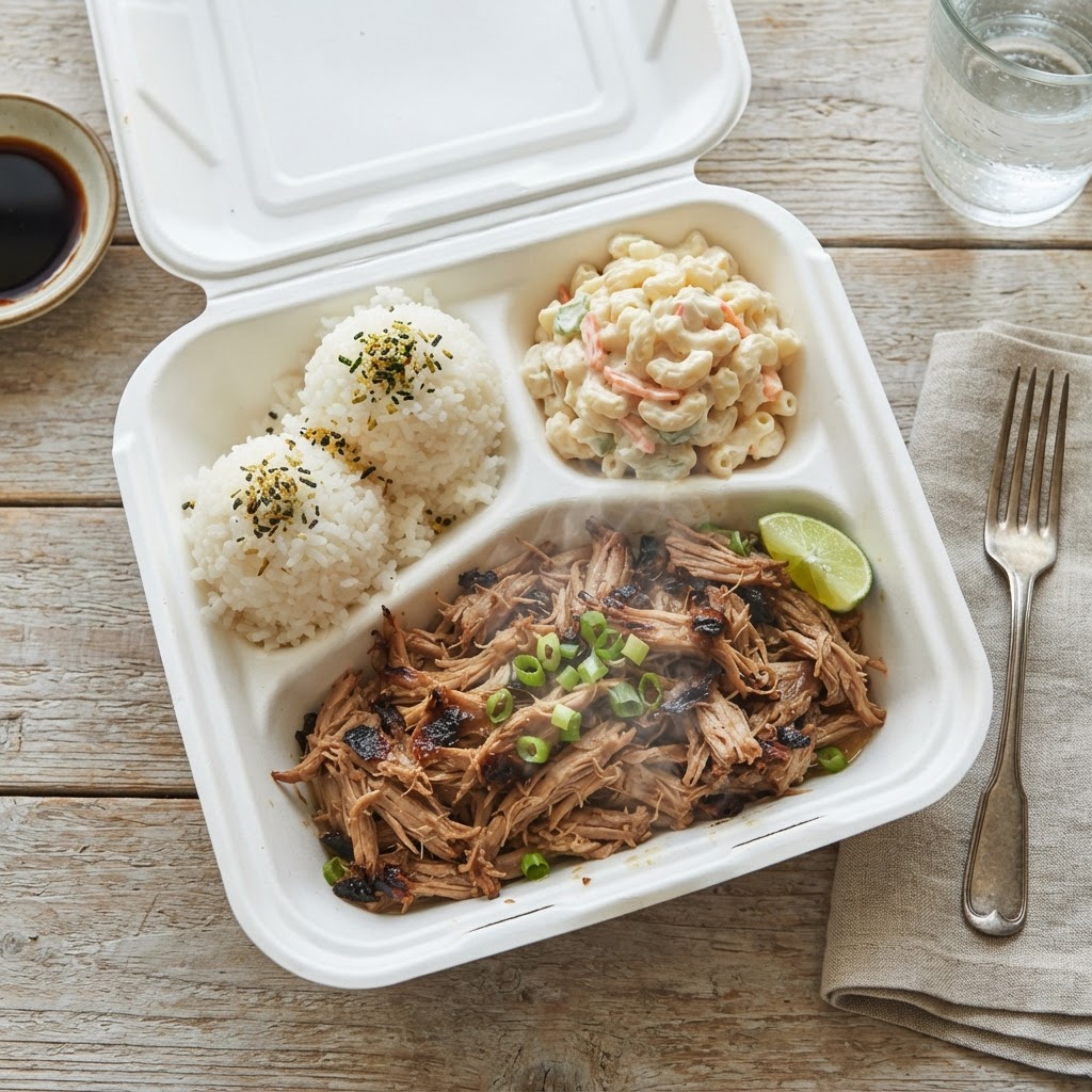 Aloha Crew plate lunch with kalua pig, rice and mac salad