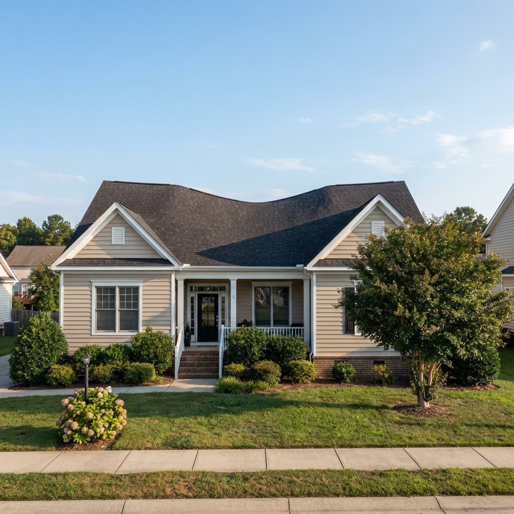 A sagging roofline indicating potential structural or deck damage.