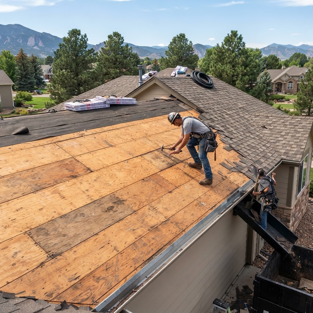 Tear-off revealing decking condition during a Colorado roof replacement.