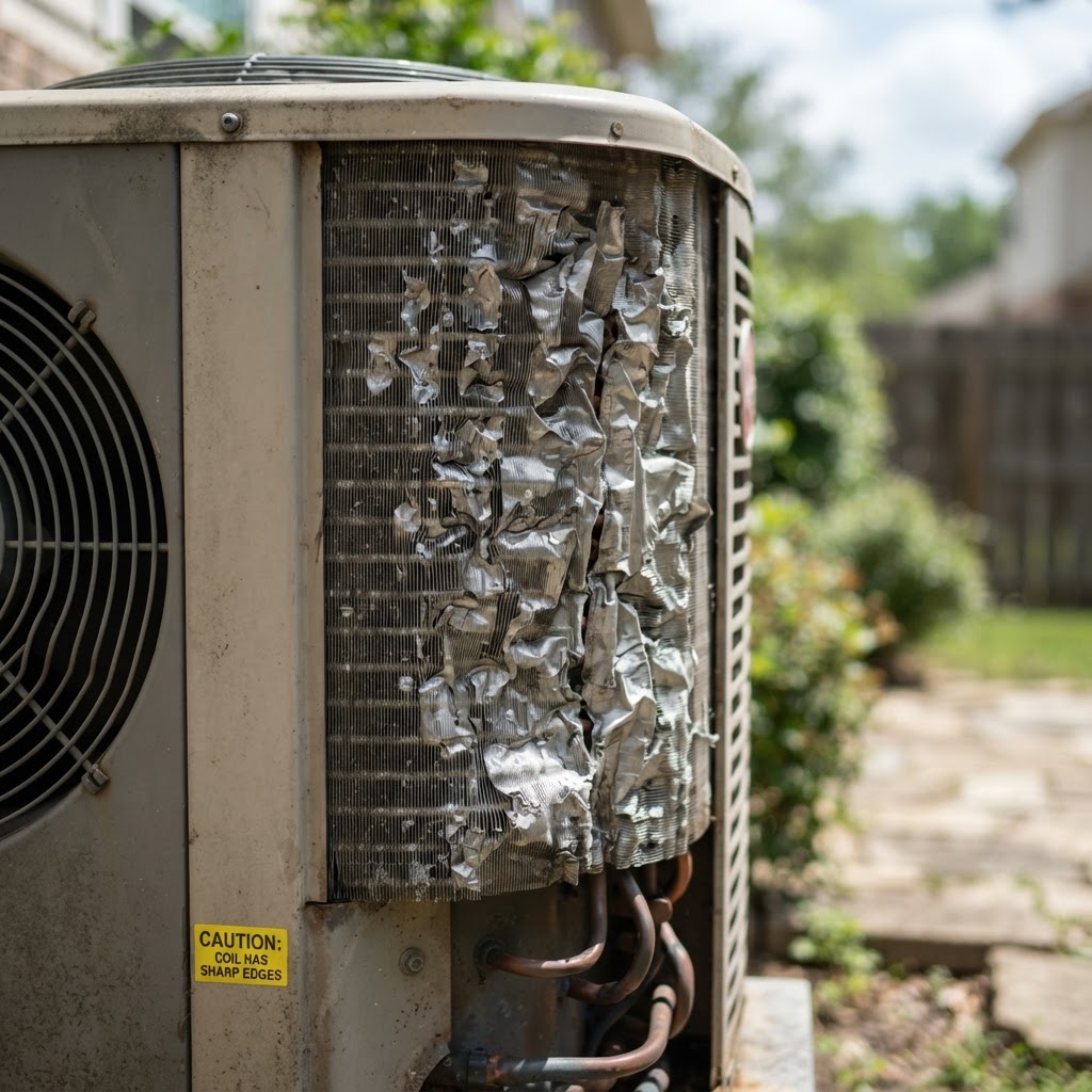 Dented AC fins indicating potential hail impact.